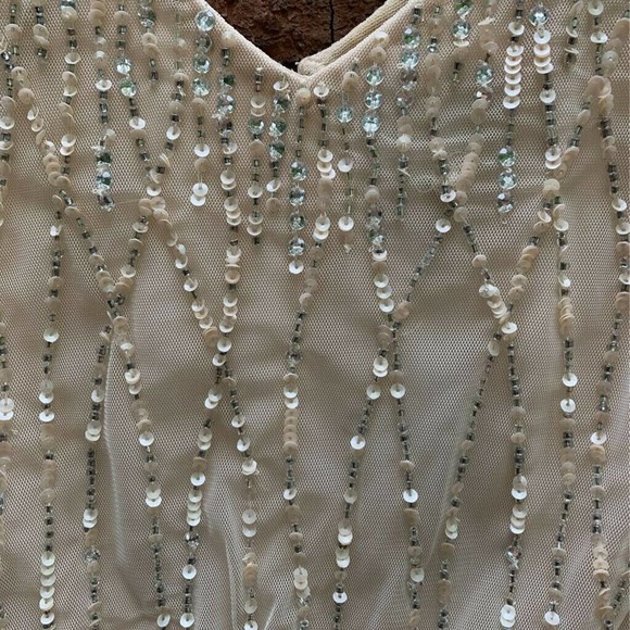 Adrianna Papell Brooklyn Prom Bridesmaid Dress Beige Zipper V Neck Sequins 4 - Picture 3 of 10